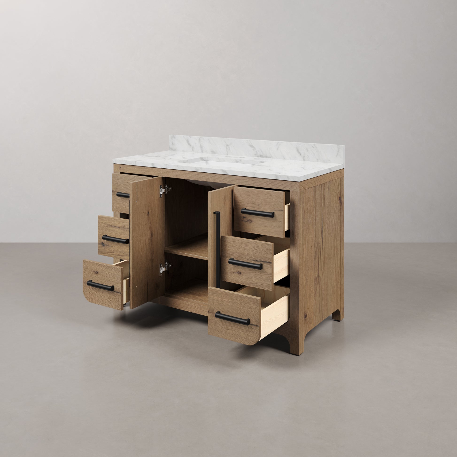 Perris 48 in. Single Sink Bath Vanity in Weathered Oak with Carrara White Engineered Stone Top | Water Creation