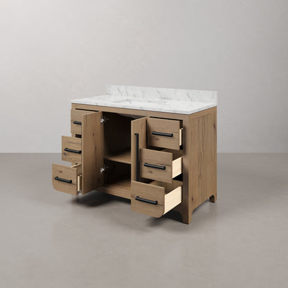 Perris 48 in. Single Sink Bath Vanity in Weathered Oak with Carrara White Engineered Stone Top | Water Creation