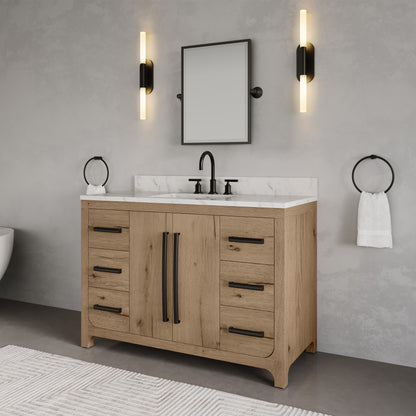 Perris 48 in. Single Sink Bath Vanity in Weathered Oak with Carrara White Engineered Stone Top | Water Creation