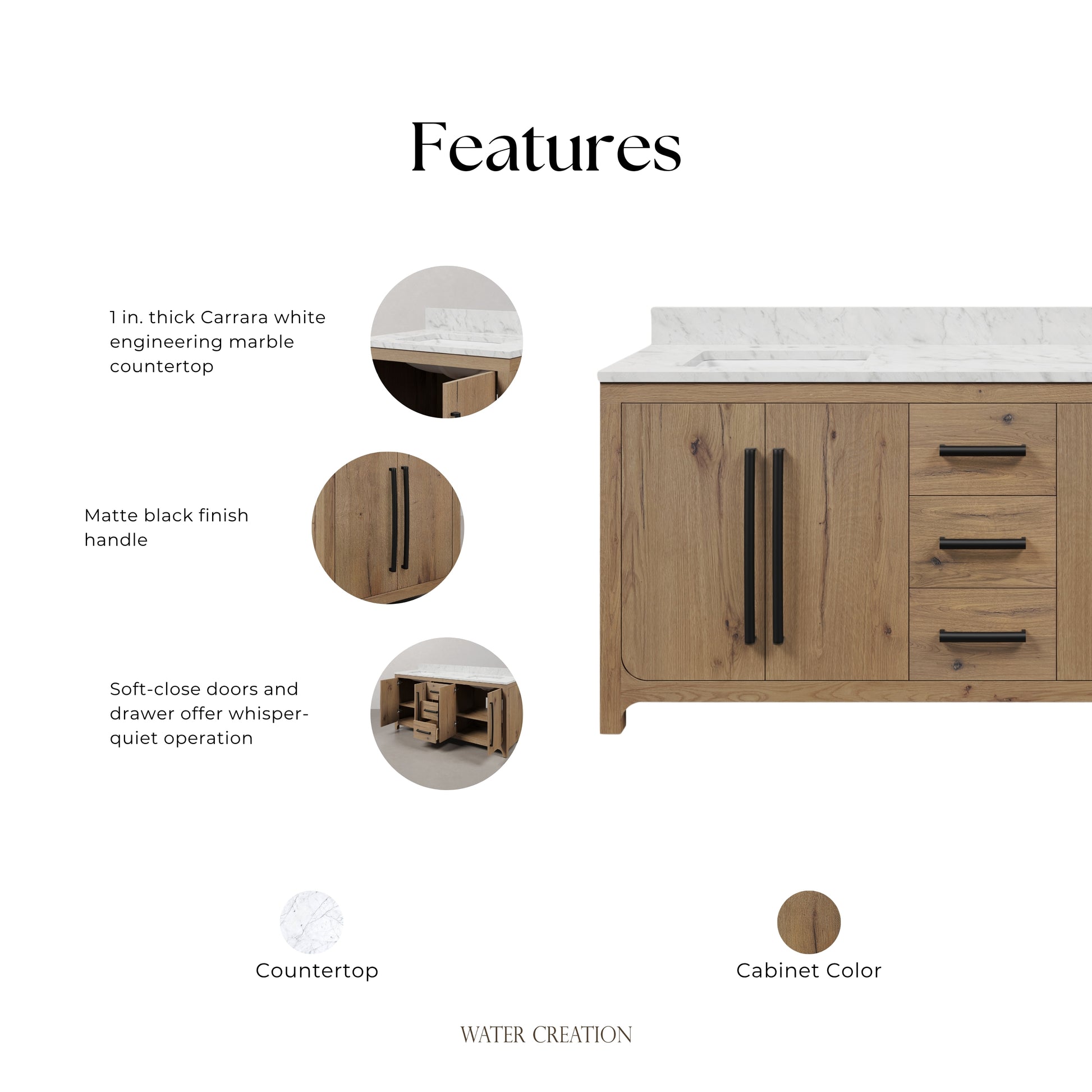 Perris 72 in. Double Sinks Bath Vanity in Weathered Oak with Carrara White Engineered Stone Top | Water Creation