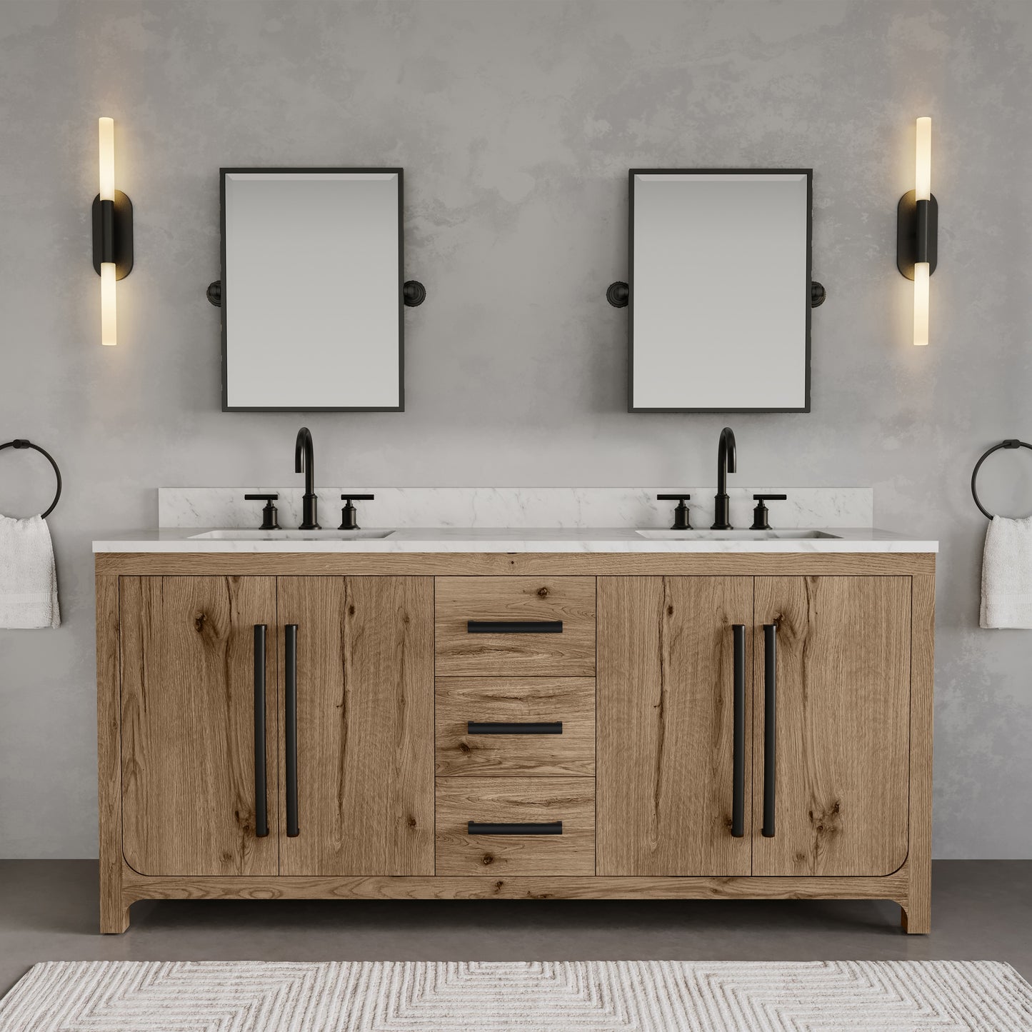 Perris 72 in. Double Sinks Bath Vanity in Weathered Oak with Carrara White Engineered Stone Top | Water Creation