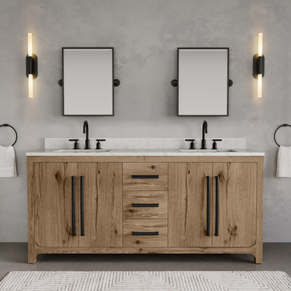 Perris 72 in. Double Sinks Bath Vanity in Weathered Oak with Carrara White Engineered Stone Top | Water Creation