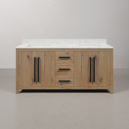 Perris 72 in. Double Sinks Bath Vanity in Weathered Oak with Carrara White Engineered Stone Top | Water Creation