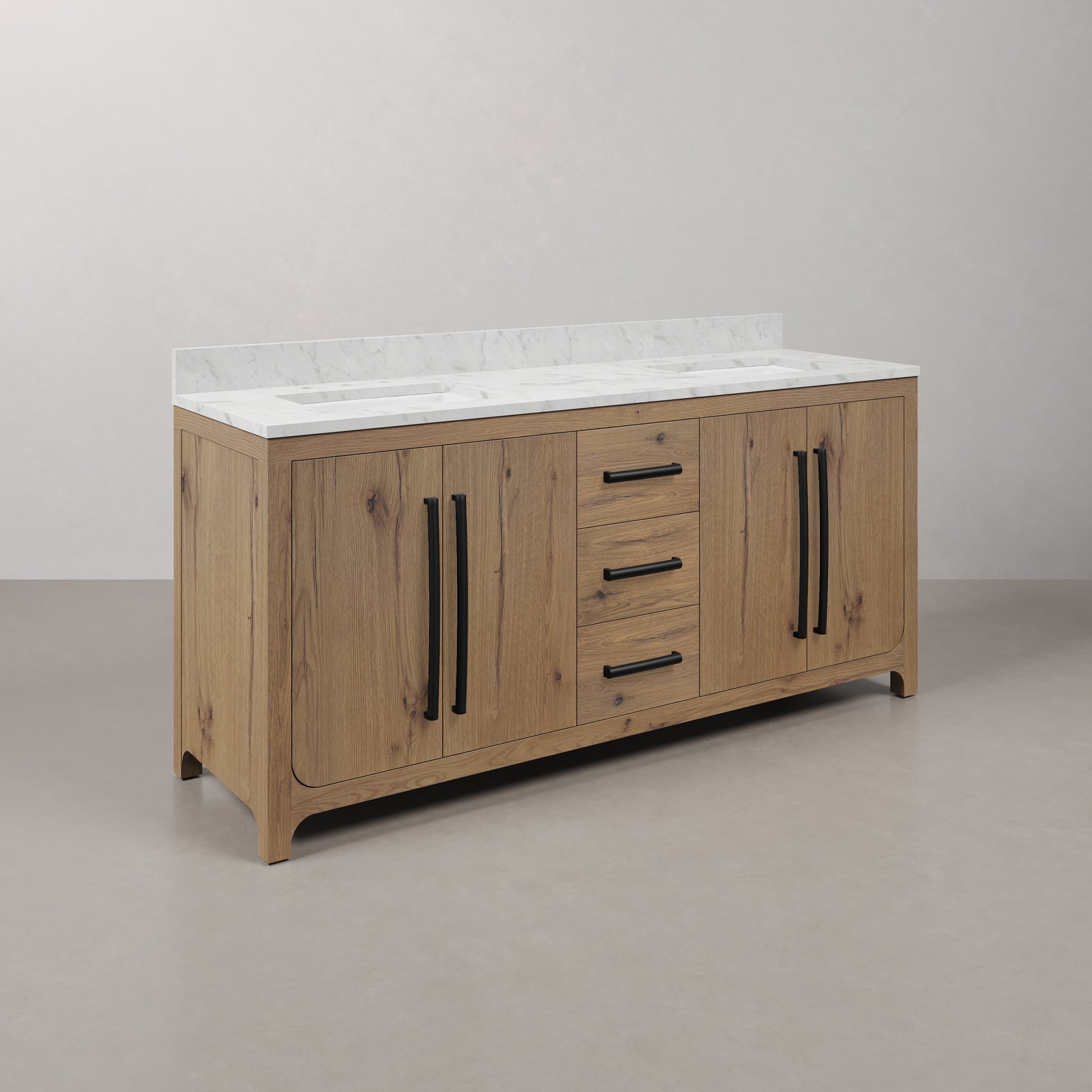 Perris 72 in. Double Sinks Bath Vanity in Weathered Oak with Carrara White Engineered Stone Top | Water Creation