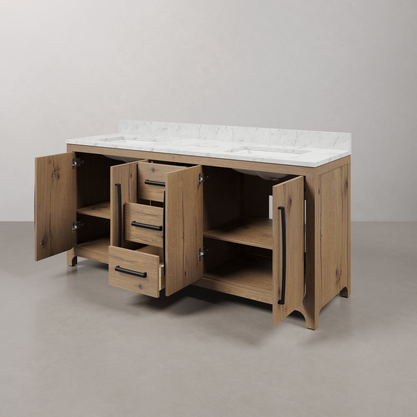 Perris 72 in. Double Sinks Bath Vanity in Weathered Oak with Carrara White Engineered Stone Top | Water Creation