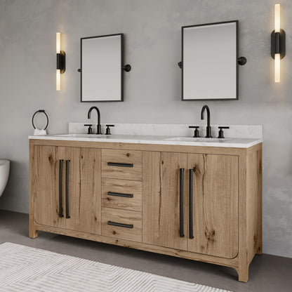 Perris 72 in. Double Sinks Bath Vanity in Weathered Oak with Carrara White Engineered Stone Top | Water Creation