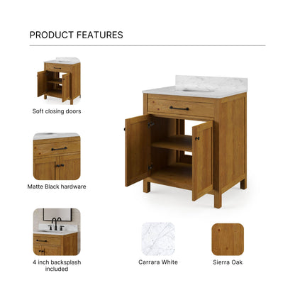 Pista 30 in. Single Sink Freestanding Sierra Oak Bath Vanity with Cararara White Engineered Marble Top (Assembled) | Water Creation
