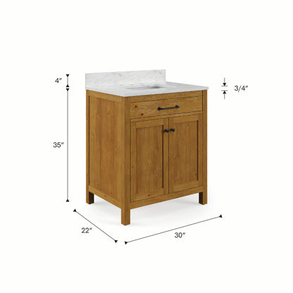 Pista 30 in. Single Sink Freestanding Sierra Oak Bath Vanity with Cararara White Engineered Marble Top (Assembled) | Water Creation
