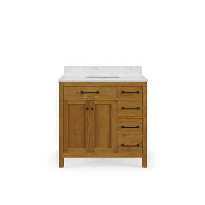 Pista 36 in. Single Sink Freestanding Sierra Oak Bath Vanity with Cararara White Engineered Marble Top (Assembled) | Water Creation