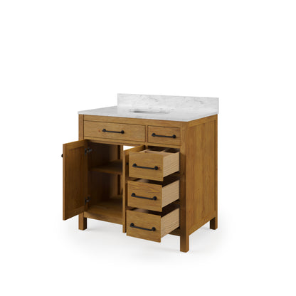 Pista 36 in. Single Sink Freestanding Sierra Oak Bath Vanity with Cararara White Engineered Marble Top (Assembled) | Water Creation
