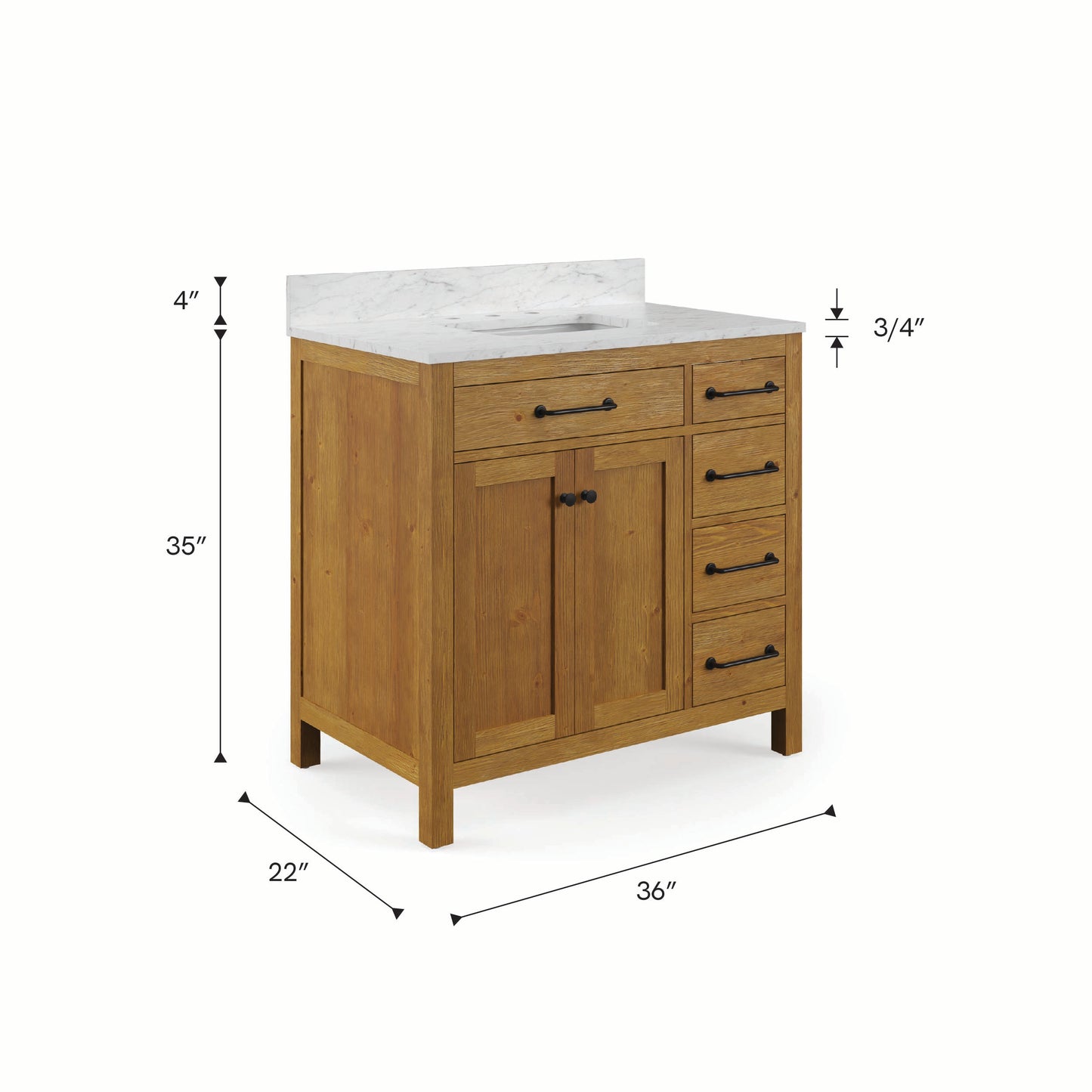 Pista 36 in. Single Sink Freestanding Sierra Oak Bath Vanity with Cararara White Engineered Marble Top (Assembled) | Water Creation