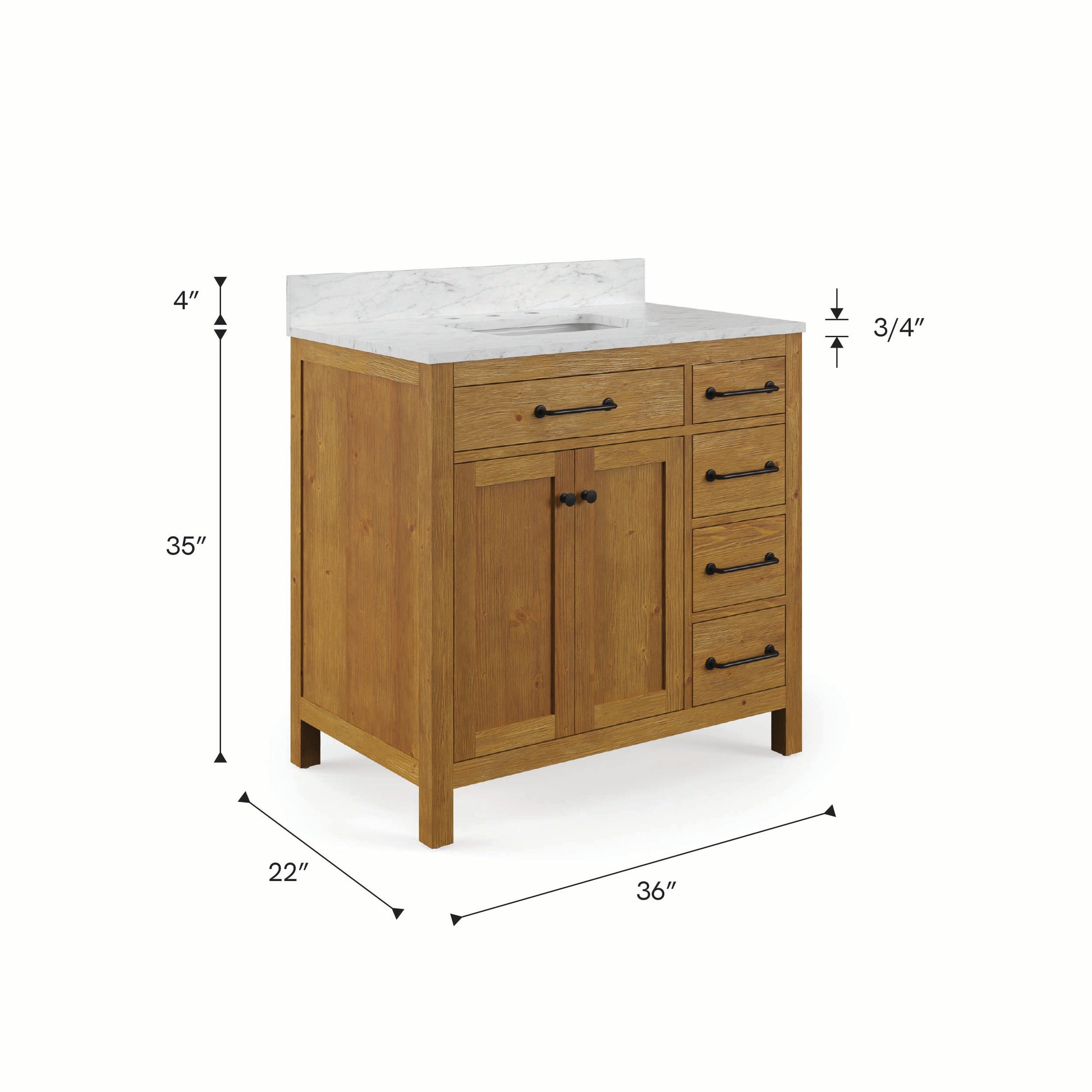 Pista 36 in. Single Sink Freestanding Sierra Oak Bath Vanity with Cararara White Engineered Marble Top (Assembled) | Water Creation