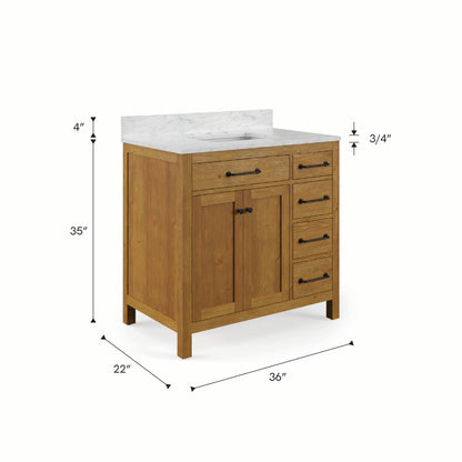 Pista 36 in. Single Sink Freestanding Sierra Oak Bath Vanity with Cararara White Engineered Marble Top (Assembled) | Water Creation