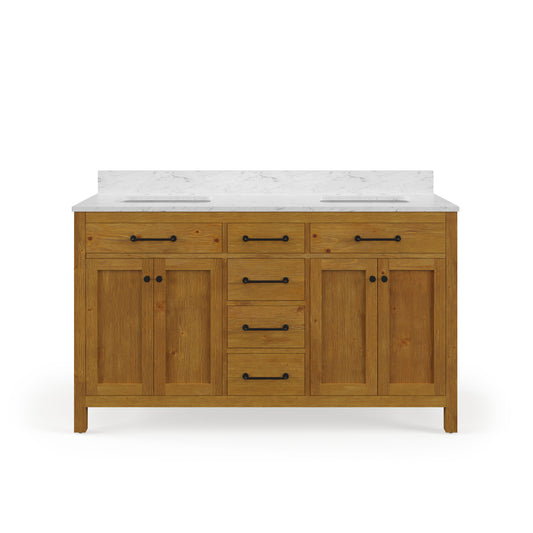 Pista 60 in. Double Sink Freestanding Sierra Oak Bath Vanity with Cararara White Engineered Marble Top (Assembled) | Water Creation