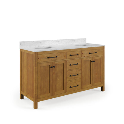 Pista 60 in. Double Sink Freestanding Sierra Oak Bath Vanity with Cararara White Engineered Marble Top (Assembled) | Water Creation