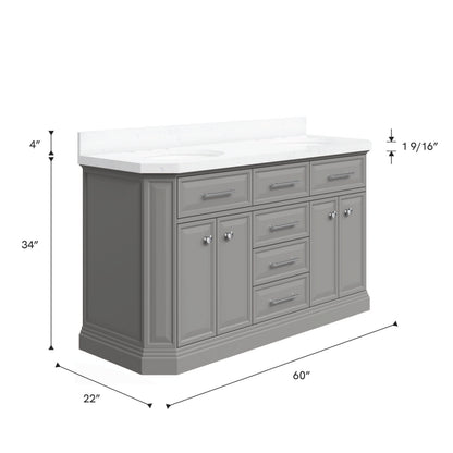 Palace 60 in. W Bath Vanity in Cashmere Grey with Quartz Vanity Top with White Basin | Water Creation