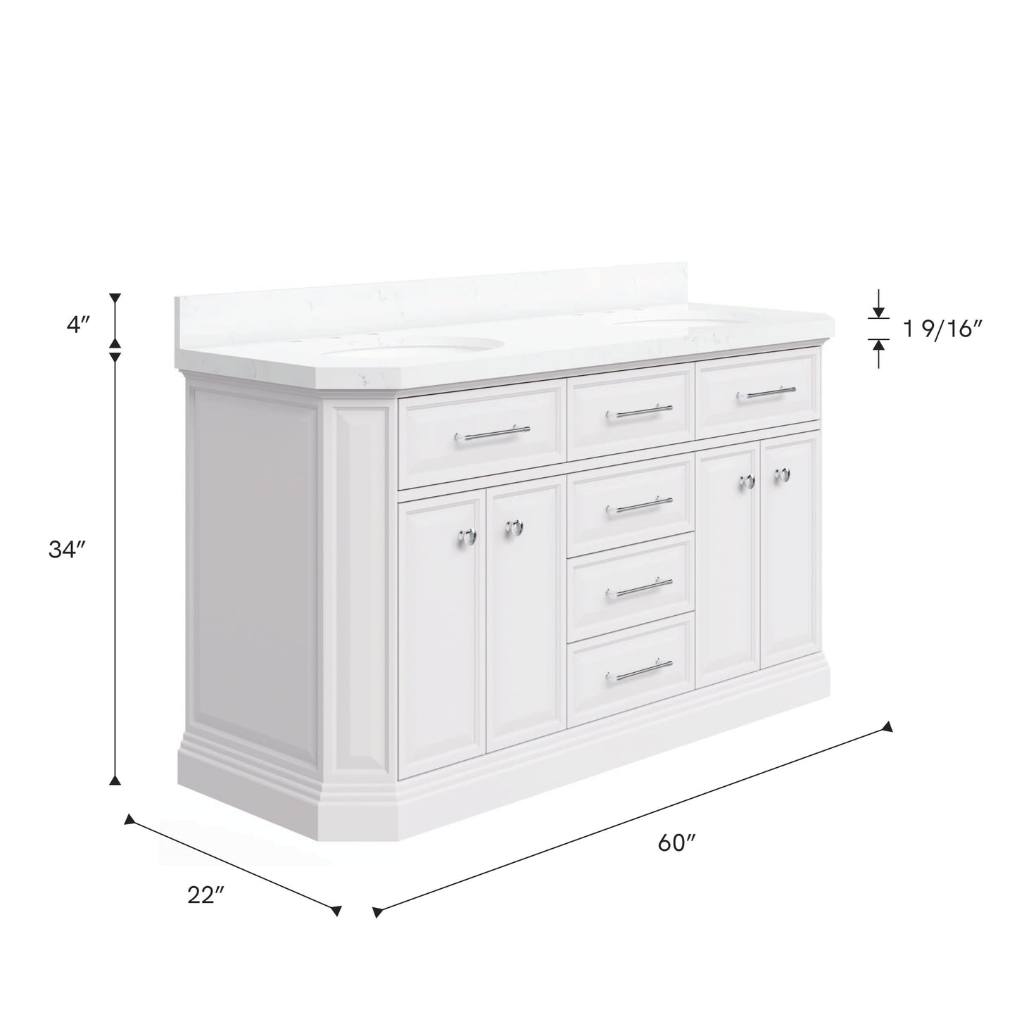 Palace 60 in. W Bath Vanity in Pure White with Quartz Vanity Top with White Basin | Water Creation