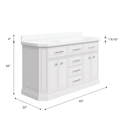 Palace 60 in. W Bath Vanity in Pure White with Quartz Vanity Top with White Basin | Water Creation