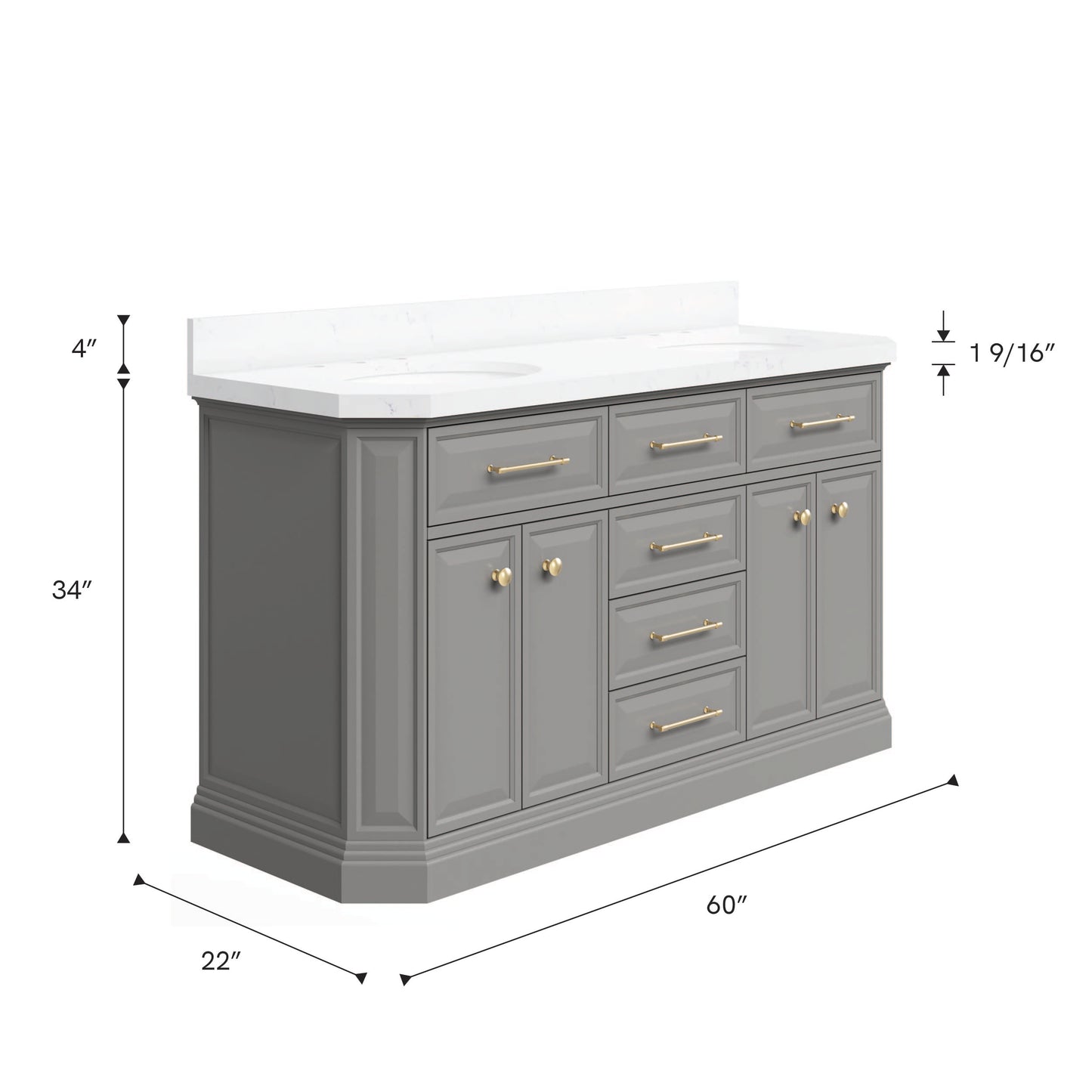 Palace 60 in. W Bath Vanity in Cashmere Grey with Quartz Vanity Top with White Basin | Water Creation