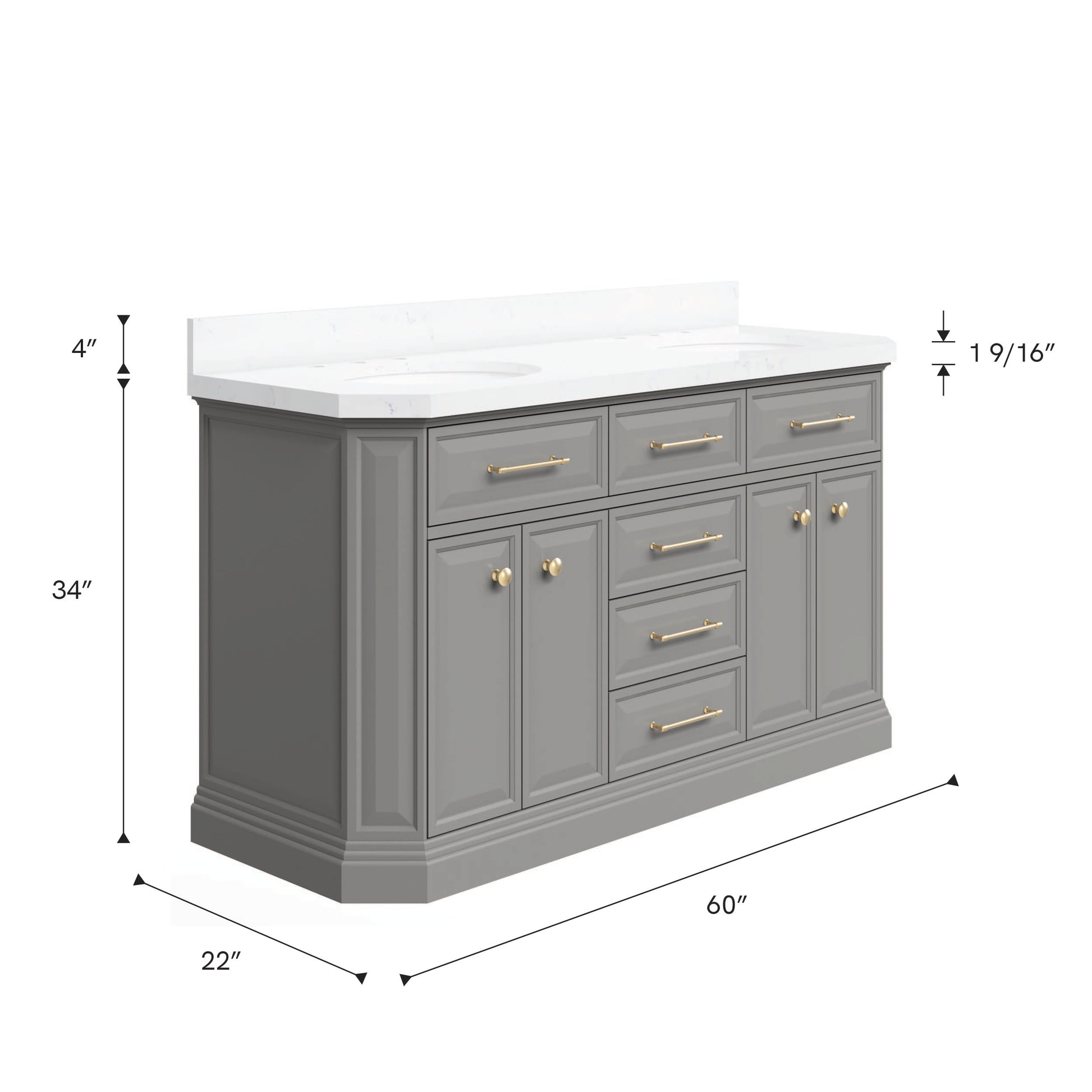 Palace 60 in. W Bath Vanity in Cashmere Grey with Quartz Vanity Top with White Basin | Water Creation