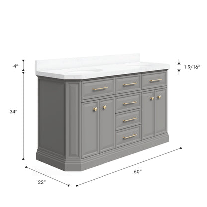 Palace 60 in. W Bath Vanity in Cashmere Grey with Quartz Vanity Top with White Basin | Water Creation