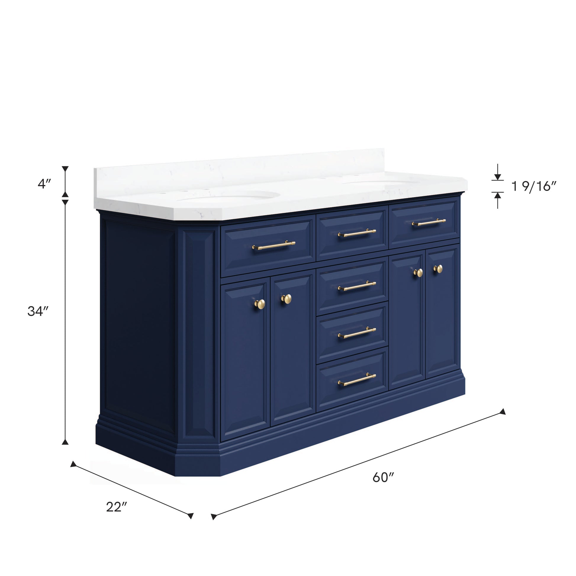 Palace 60 in. Vanity in Monarch Blue with Quartz Vanity Top in White with White Basins | Water Creation