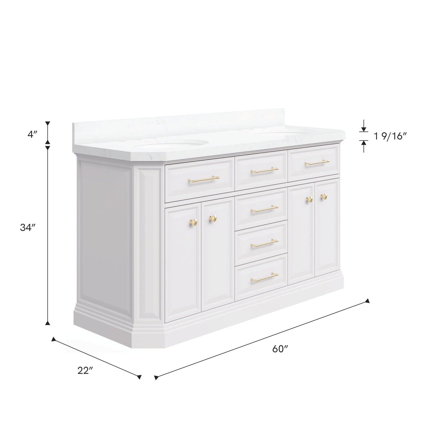Palace 60 in. W Bath Vanity in Pure White with Quartz Vanity Top with White Basin | Water Creation