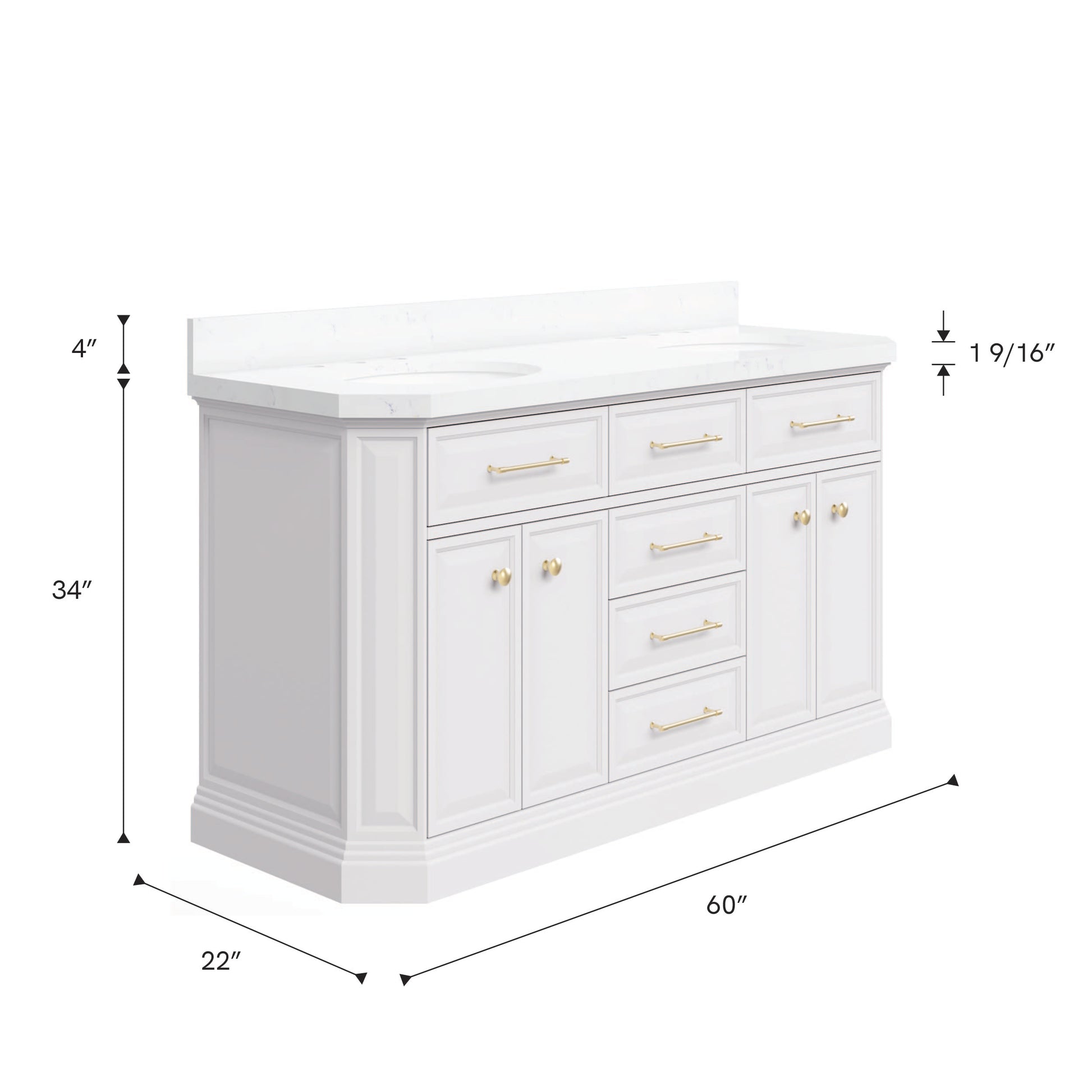 Palace 60 in. W Bath Vanity in Pure White with Quartz Vanity Top with White Basin | Water Creation