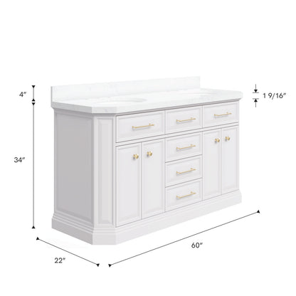 Palace 60 in. W Bath Vanity in Pure White with Quartz Vanity Top with White Basin | Water Creation