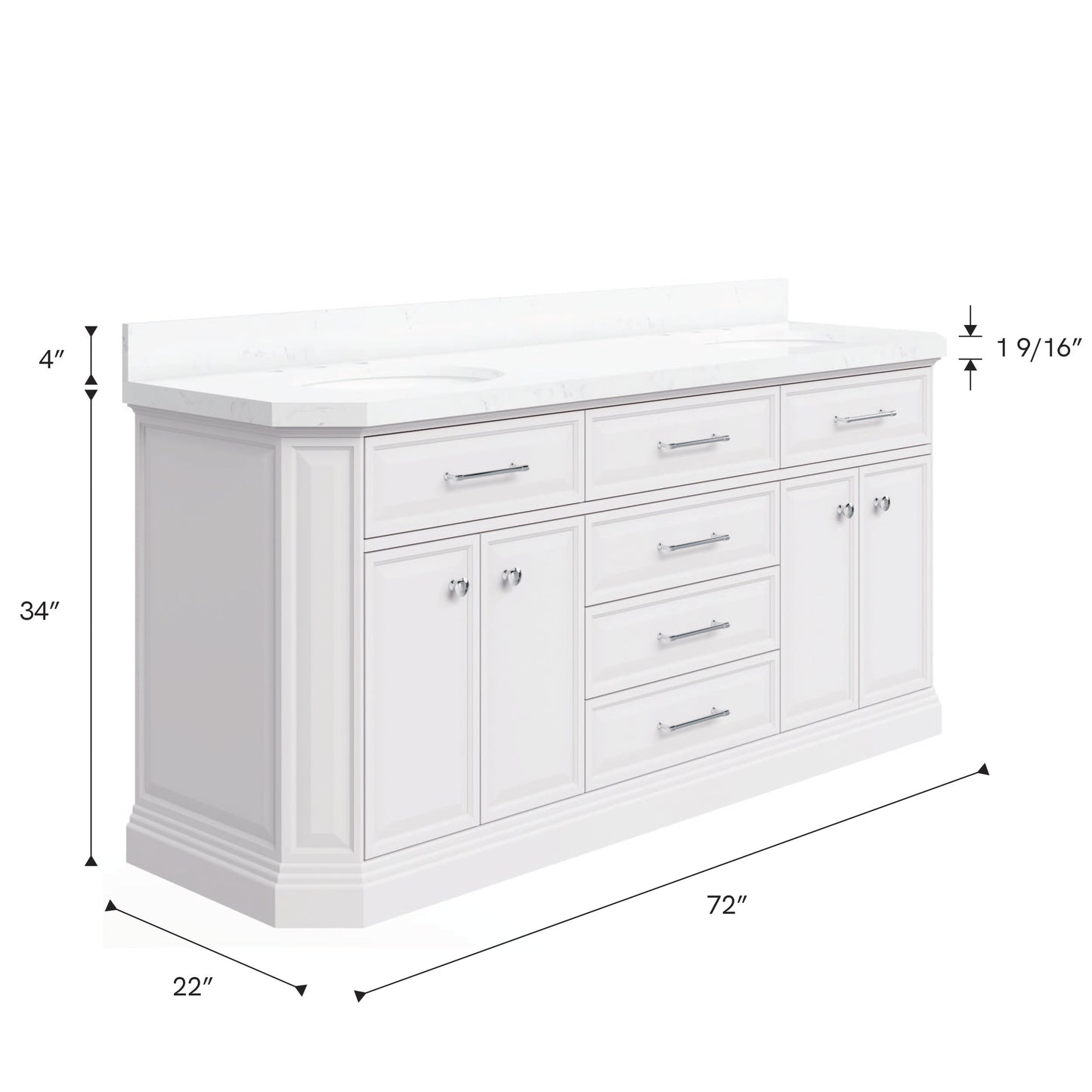 Palace 72 in. W Bath Vanity in Pure White with Quartz Vanity Top with White Basin | Water Creation
