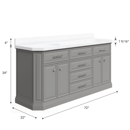 Palace 72 in. W Bath Vanity in Cashmere Grey with Quartz Vanity Top with White Basin | Water Creation