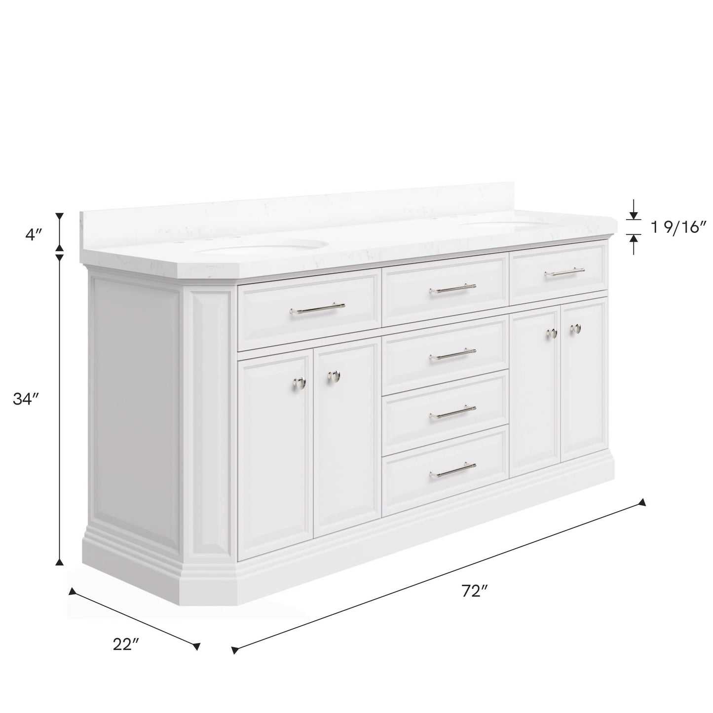 Palace 72 in. W Bath Vanity in Pure White with Quartz Vanity Top with White Basin | Water Creation