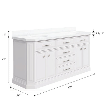 Palace 72 in. W Bath Vanity in Pure White with Quartz Vanity Top with White Basin | Water Creation