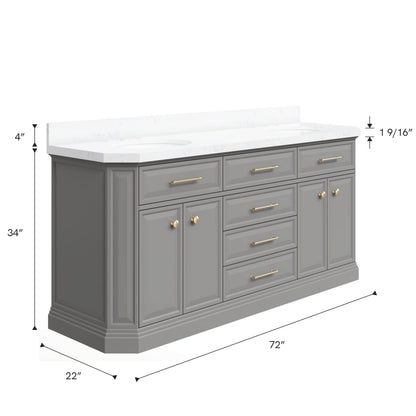 Palace 72 in. W Bath Vanity in Cashmere Grey with Quartz Vanity Top with White Basin | Water Creation