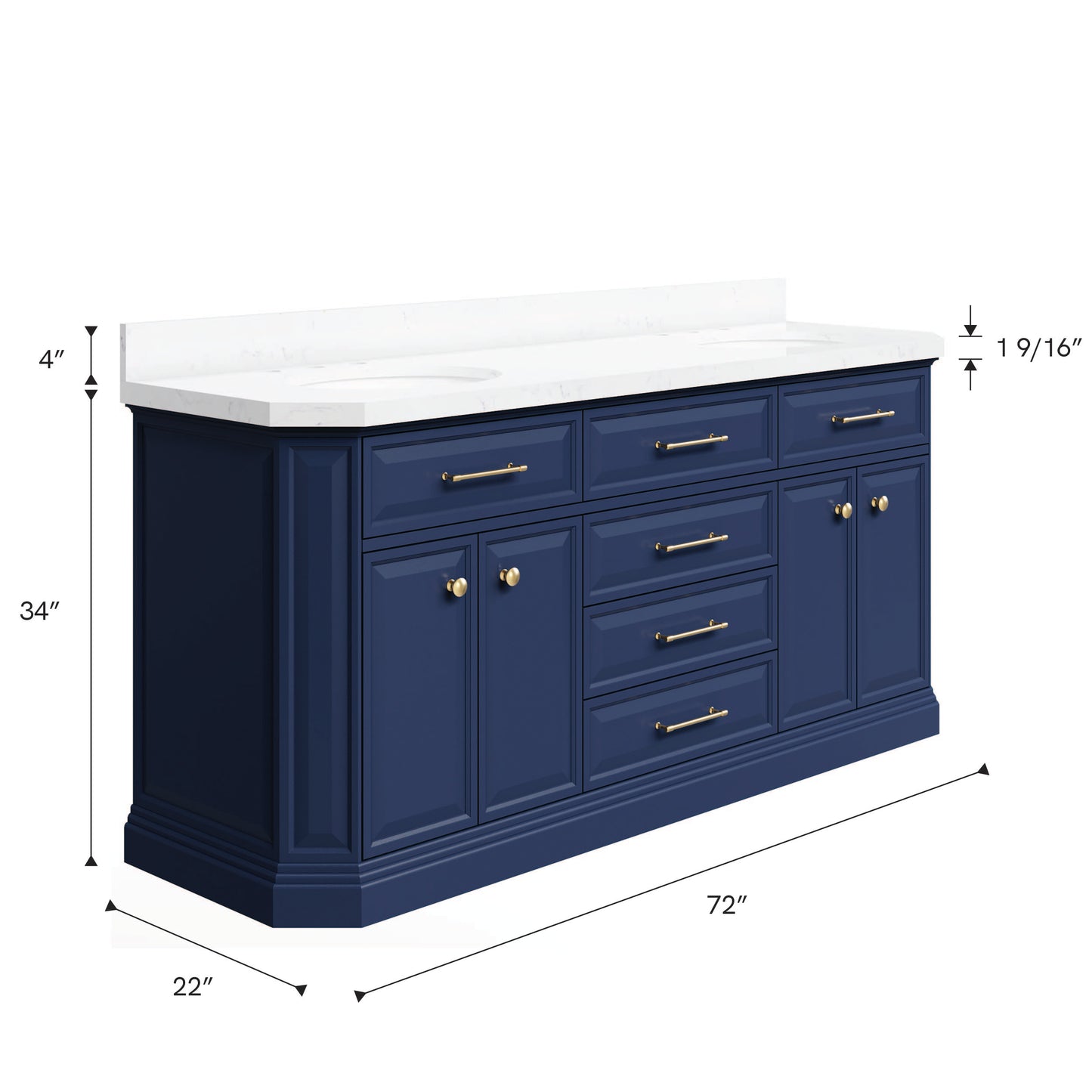 Palace 72 in. Vanity in Monarch Blue with Quartz Vanity Top in White with White Basins | Water Creation