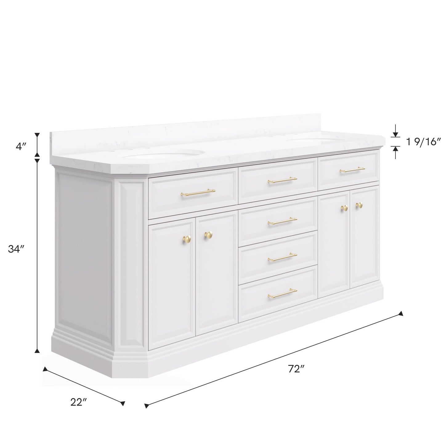 Palace 72 in. W Bath Vanity in Pure White with Quartz Vanity Top with White Basin | Water Creation