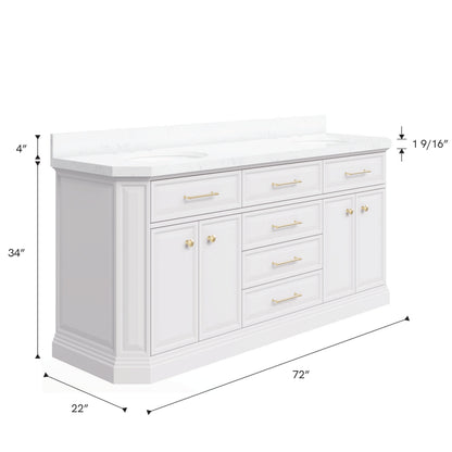 Palace 72 in. W Bath Vanity in Pure White with Quartz Vanity Top with White Basin | Water Creation