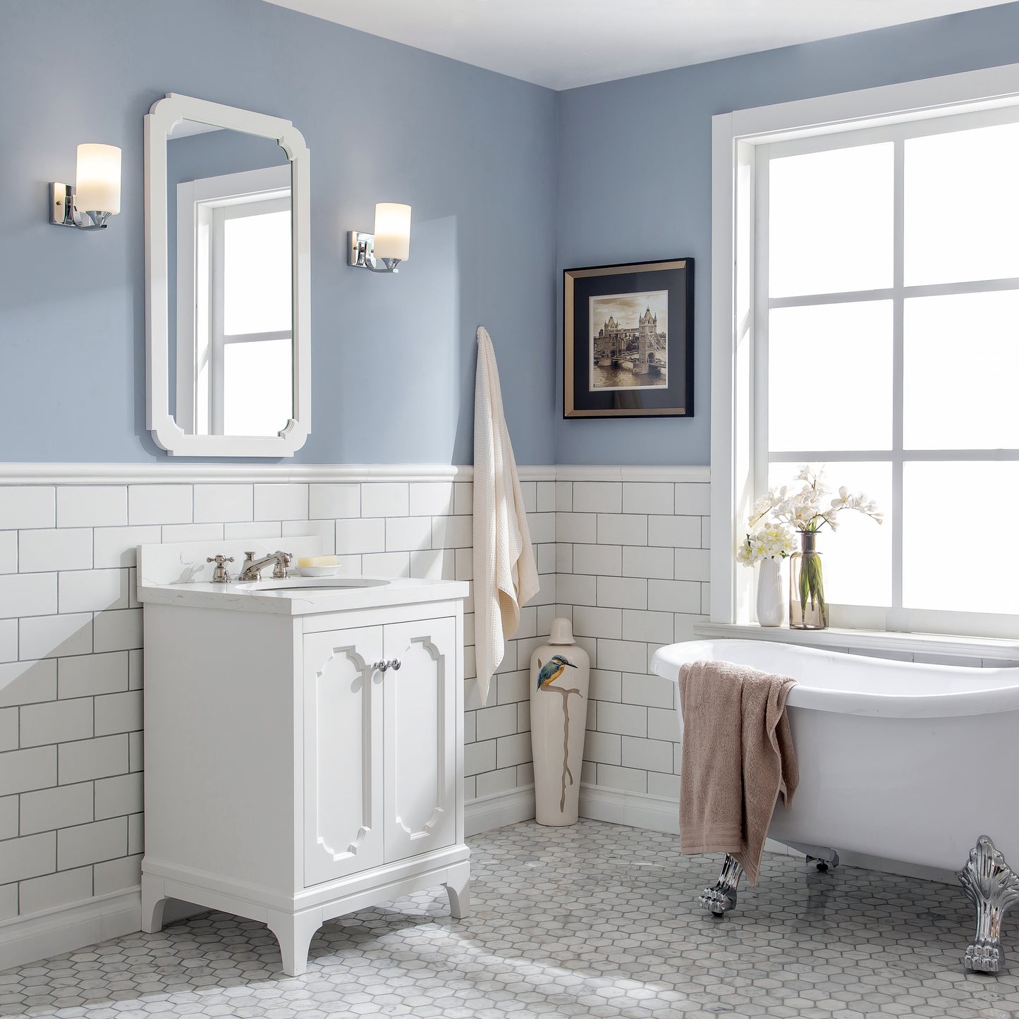 Queen 24 in. Bath Vanity in Pure White with Quartz Carrara Vanity Top with Ceramics White Basins | Water Creation