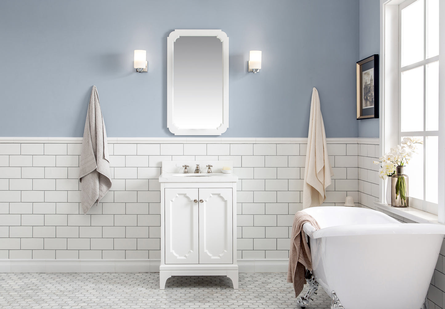 Queen 24 in. Bath Vanity in Pure White with Quartz Carrara Vanity Top with Ceramics White Basins | Water Creation