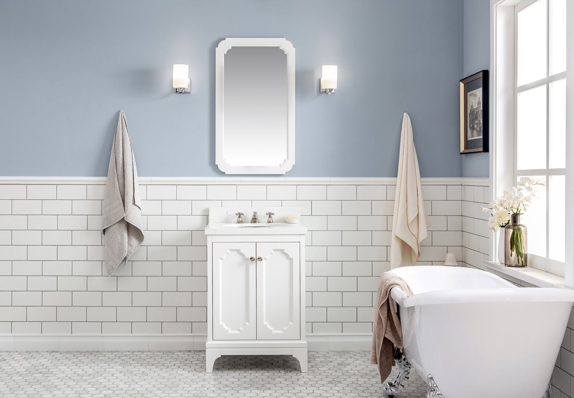 Queen 24 in. Bath Vanity in Pure White with Quartz Carrara Vanity Top with Ceramics White Basins | Water Creation