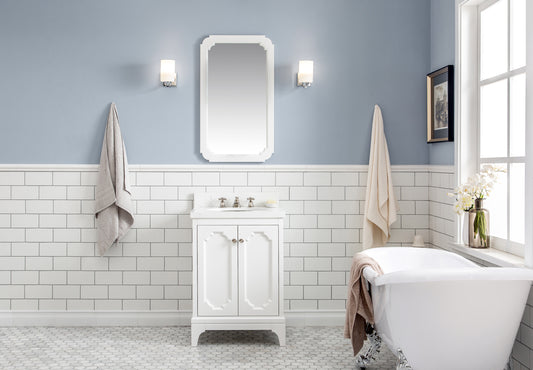 Queen 24 in. Bath Vanity in Pure White with Quartz Carrara Vanity Top with Ceramics White Basins | Water Creation