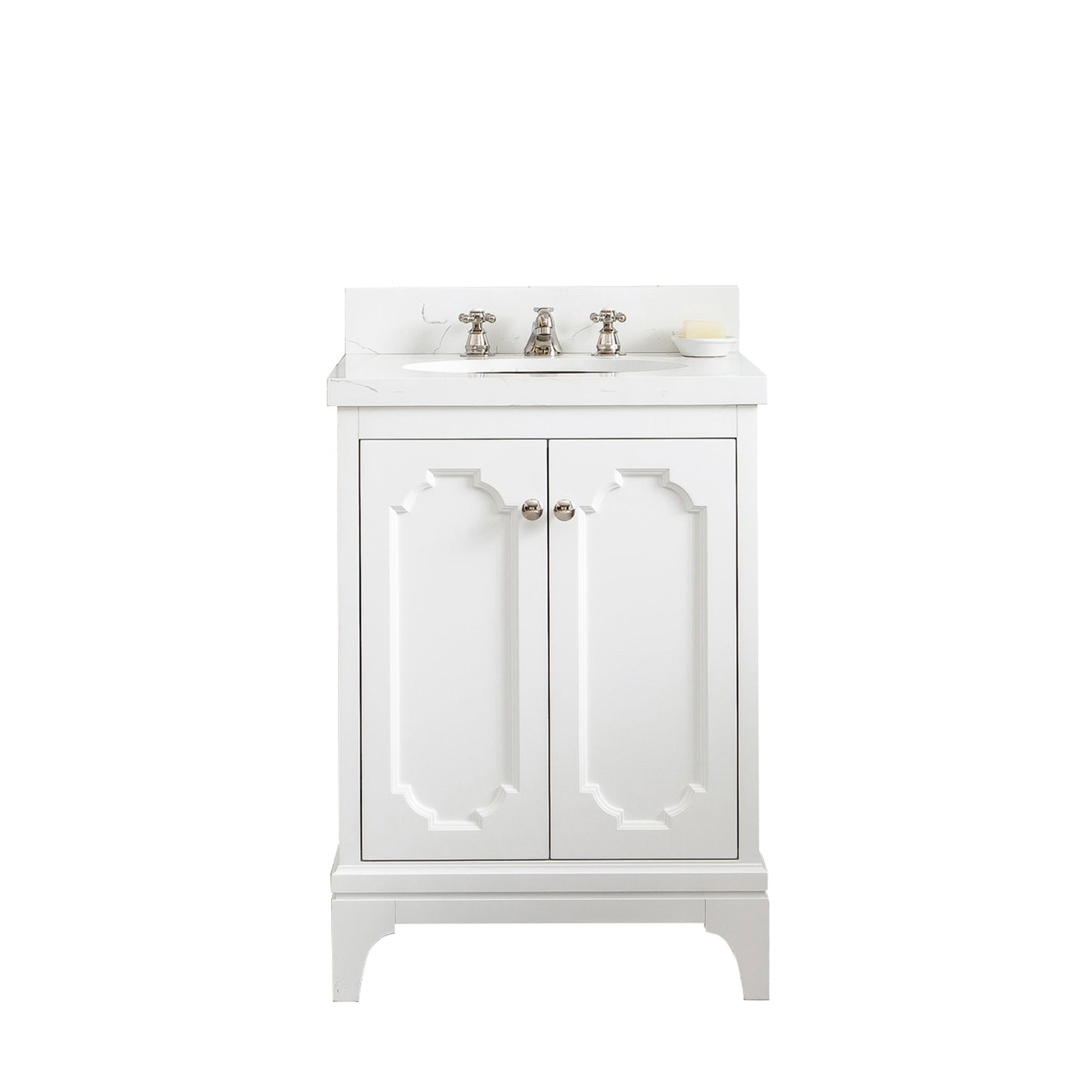 Queen 24 in. Bath Vanity in Pure White with Quartz Carrara Vanity Top with Ceramics White Basins | Water Creation