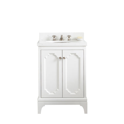 Queen 24 in. Bath Vanity in Pure White with Quartz Carrara Vanity Top with Ceramics White Basins | Water Creation