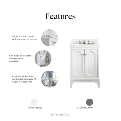 Queen 24 in. Bath Vanity in Pure White with Quartz Carrara Vanity Top with Ceramics White Basins | Water Creation