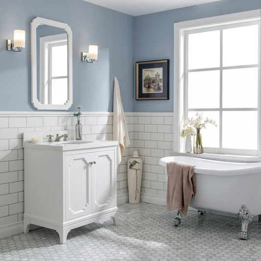 Queen Collection 30 in. Bathroom Vanity in Pure White With Vanity Top in Quartz Carrara - Vanity Only | Water Creation