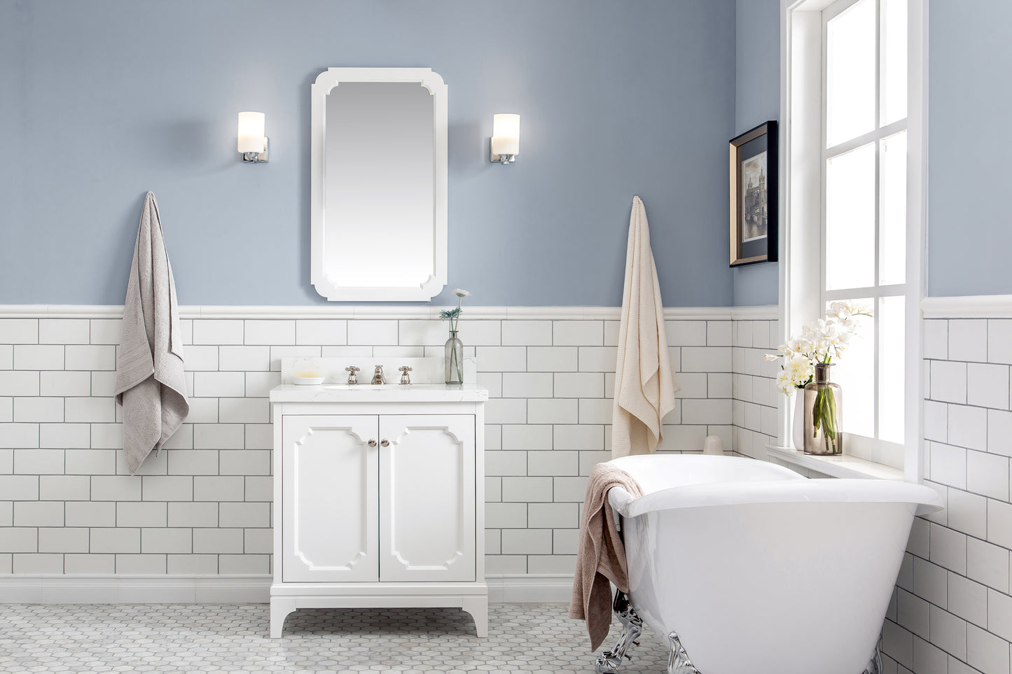 Queen Collection 30 in. Bathroom Vanity in Pure White With Vanity Top in Quartz Carrara - Vanity Only | Water Creation