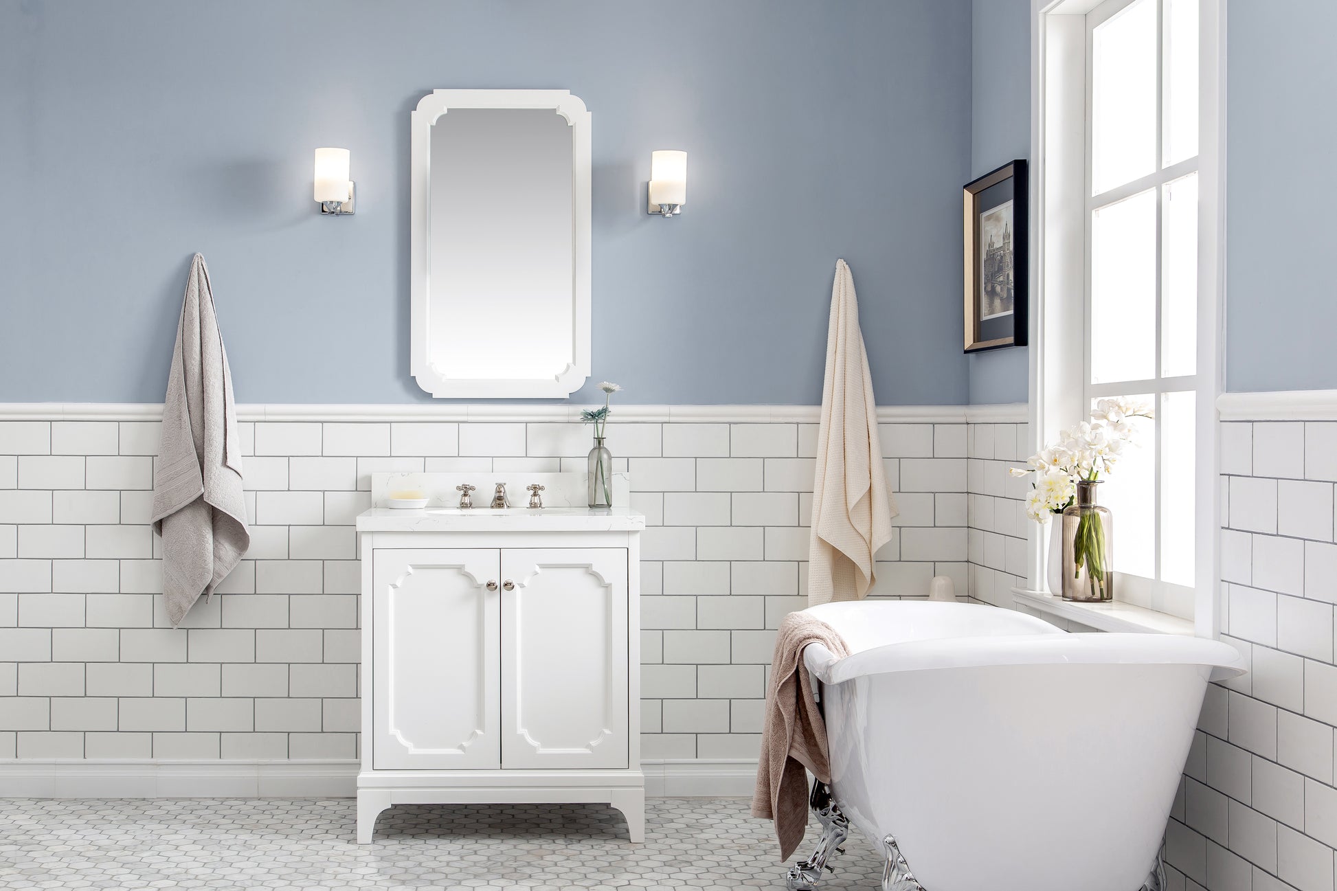 Queen Collection 30 in. Bathroom Vanity in Pure White With Vanity Top in Quartz Carrara - Vanity Only | Water Creation