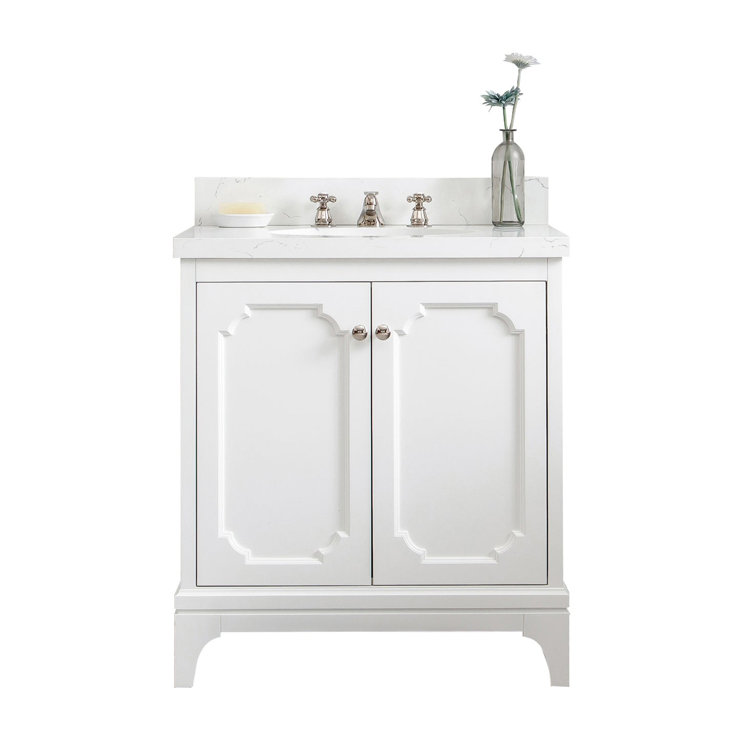 Queen Collection 30 in. Bathroom Vanity in Pure White With Vanity Top in Quartz Carrara - Vanity Only | Water Creation