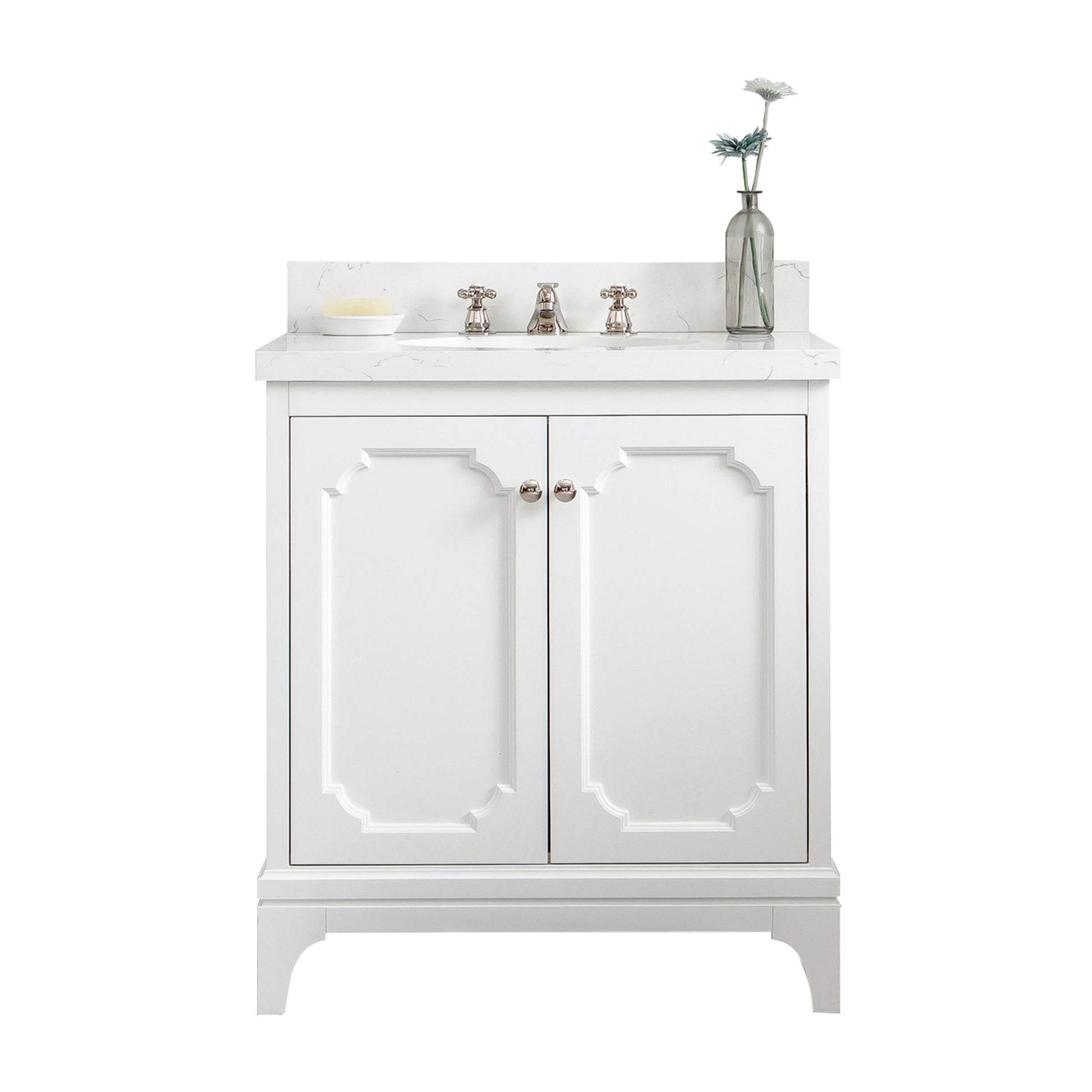 Queen Collection 30 in. Bathroom Vanity in Pure White With Vanity Top in Quartz Carrara - Vanity Only | Water Creation