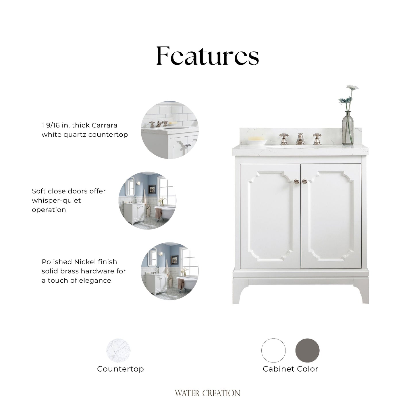 Queen Collection 30 in. Bathroom Vanity in Pure White With Vanity Top in Quartz Carrara - Vanity Only | Water Creation